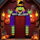Halloween Witch Porch Banner Fabric Door Sign for Outdoor Party Photo Booth Backdrop Decor