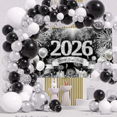 114pcs Black Silver New Year 2026 Balloons Garland Arch Banner Kit