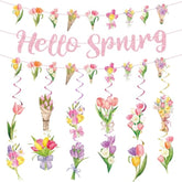 Spring Party Decorations, Hello Spring Hanging Swirls Sign Watercolor Tulip Flower Party Banner For Spring Summer Easter Baby Shower Home Office Classroom Decor