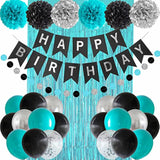 Black Teal Blue And Silver Happy Birthday Party Decorations Turquoise Aqua Balloons Décor Supplies Men Women Boys Girls 1St 2Nd 3Rd 16Th 20Th 25Th 30Th 35Th 40Th 45Th 50Th 60Th 70Th