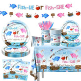Gone Fishing Gender Reveal Party Tableware 142Pcs Fish She Or Fish He Gender Reveal Disposable Tablecloth,Plates,Napkins,Cups,Forks And Knives For Baby Shower Decoration Of Gender Reveal