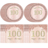 100Th Birthday Decorations, Rose Gold Birthday Party Supplies Include 20Pcs Plates 20Pcs Napkins Sweet One Hundred Year Old Birth Party Tableware For Girl Ladies Women