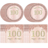 100Th Birthday Decorations, Rose Gold Birthday Party Supplies Include 20Pcs Plates 20Pcs Napkins Sweet One Hundred Year Old Birth Party Tableware For Girl Ladies Women