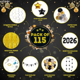 115 Pc 2026 Black Gold New Year Party Set with Balloon Arch and Backdrop
