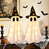 2 Pack Halloween Ghost Decorations, 21.7 Inch Lighted Halloween Decorations, Battery Operated Tabletop Ghost Decor with Witch Hats for Mantel Fireplace Table Entryway Indoor Party Office Home Decor