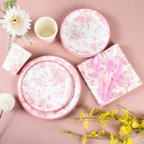 175Pcs Pink Floral Paper Plates And Napkins 25 Guests Pink White Toile Chinoiserie Party Supplies Set Include Plates Napkins Cups Spoons Forks Knives For Christmas Birthday Wedding Mother'S Day
