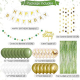 Sage Green & Gold Birthday Decor Set β Balloons, Banner, Foil Backdrop and Pom Poms