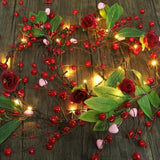 Valentines Day 6 Ft Garland With Lights, Twig Garland With Pink Heart Roses And Berry Valentines Decor For Home Mantel