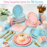 256 Pcs Pink And Blue Gender Reveal Party Supplies Disposable Paper Plate Napkin Cup Gold Dot Plastic Tablecloth Fork Knives Spoon Serve 36 Guest For Easter Baby Shower Birthday Decoration