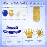 Royal Blue Gold Men'S Birthday Banner, Fringe Curtains, Metallic Balloons For 16Th To 60Th Birthdays