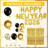 2026 New Year Party Balloon Arch Kit with Gold Black Banner and Confetti