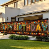 Happy Birthday Yard Banner - 78.7X17.7 Inch Stained - Glass Letter & Brick Wall With String Lights Happy Birthday Yard Design, Outdoor/Indoor Giant Sign For Birthday Decor