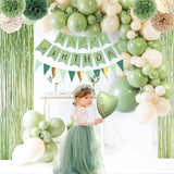 Sage Green & Gold Birthday Decor with Balloons, Banner & Fringe Curtain Backdrop