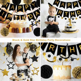 Black & Gold Birthday Decorations Set Banner, Honeycomb Balls, Swirls and Garland for All Ages