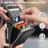 For Samsung Galaxy Z Flip 3 Case With Card Holder Crossbody 8-Card Slots Wallet Case With Adjustable Strap Soft Pu Leather Protective Zipper Flip 3 Phone Case For Women Girls, 6.7'' Black
