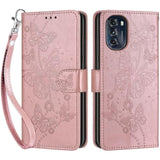 Designed For Motorola Moto G 5G 2022 Case Wallet,Women Flip Folio Cover With Embossed Pu Leather Stand Credit Card Holders Slots Wrist Strap Phone Case For Moto G 5G 2022 (Rose Gold Butterfly)