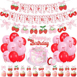 Pink Bow Strawberry Birthday Party Decor Strawberry Bows Happy Birthday Banner Cake Topper Balloons For Girls Trendy Berry First 1St Bday Decor Strawberry Themed Berry Sweet Baby Shower Party Supplies