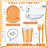 24 Set Halloween Party Tableware Paper Ghost Plates And Boo Napkins Plaid Cups Plastic Forks Knife For Halloween Party Supplies Spooky Baby Shower Happy Boo Day Birthday Decoration(Orange)