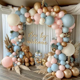 144 Pcs Gender Reveal Balloon Arch Kit – Dusty Pink, Blue & Gold for Parties