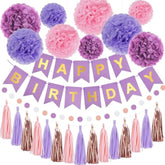 Purple and Pink Birthday Decor Set Banner, Pom Poms, Tassels and Dots for Girls & Women