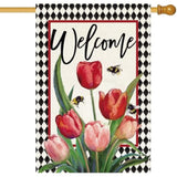 Spring Easter Tulip Welcome House Flag 28 X 40 Inch Double Sided Burlap Spring Flowers Floral Buffalo Plaid Large Yard Flag Summer Holiday Seasonal Outdoor Outside Decoration