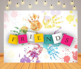 7x5ft Fabric Friends Theme Backdrop Splashed Ink Handprint Rainbow Color Friends Background Friendship Theme Party Decorations Banner School Event Photoshoot Props