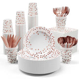 White And Rose Gold Party Supplies - 350 Pcs Disposable Dinnerware Set - White Paper Plates Napkins Cups, Gold Plastic Forks Knives Spoon For Graduation, Birthday, Cocktail Party