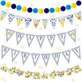 5 Pcs Capri Lemon Happy Birthday Banner Summer Triangle Italy Blue Tiles Lemon Bunting Banners Hanging Felt Ball Garland Colorful Pom Pom Garland For Lemon Birthday Party Supplies Decorations