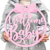 Pink Bow Baby Shower Decorations For Girl Welcome Baby Wooden Sign Coquette Baby Shower Party Decorations Pink Bow Wooden Sign Photobooth Props For Gender Reveal Party Supplies