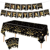 Happy New Year Decorations, 3 Pack New Years Eve Party Supplies Disposable Plastic Table Covers 54 X108 Inch And New Year Banner For 2026 New Years Eve Party Decorations