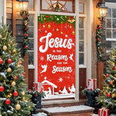 Christmas Decoration Outdoor Christmas Religious Door Cover Jesus Is The Reason For The Season Xmas Door Banner Christmas Nativity Banner For Winter Xmas Church Photo Booth Props 35.4X70.8 Inch