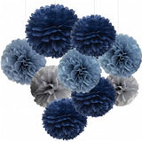 9-Pack Navy Dusty Blue Gray Tissue Paper Pom Poms Hanging Flowers