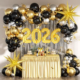 128pcs 2026 New Year Decorations Black Gold Silver Balloons Fringe Backdrop