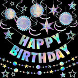 23 Pcs Iridescent Birthday Party Decorations, Disco Holographic Party Decorations Include Happy Birthday Banner Hanging Honeycomb Ball Paper Fan Snowflake Garlands Star Decoration
