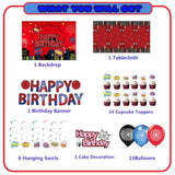 Spider Theme Birthday Party Supplies Banner, Backdrop, Balloons, Swirls, Toppers & Tablecloth