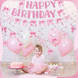 Bow Birthday Party Decorations, Pink Bow Happy Birthday Banner With Cute Bow Hanging Swirls, Bow Party Decorations For Women Girls Birthday Party Supplies
