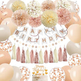 Rose Gold Birthday Party Decorations Kits With Happy Banner,Cake Topper,Hanging Swirls,Tissue Paper Pompoms,Paper Tassels Garland,Confetti Balloons For Women Girls Birthday Party