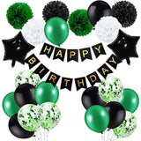 Green Black Birthday Decorations for Men with Banner Balloons Confetti and Ribbon