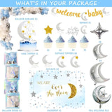 154 Pcs Over The Moon Baby Shower Decorations, We Are Over The Moon Baby Shower Decorations Backdrop Balloon Garland Glitter Banner Cake Cupcake Topper Boxes Cutout Starry Night Galaxy Sliver