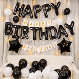 13Pcs 16-Inch Happy Birthday Mylar Foil Banner, 8Pcs Star Balloons & LED Lights (Black)
