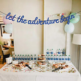 Let The Adventure Begin Banner - Congrats Grad Bunting Sign - Graduation/Retirement/Bon Voyage/Baby Shower/Moving Party/Travel Theme Party Decorations, Blue Glitter