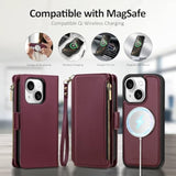 Compatible With Magsafe Magnetic 2 In 1 Detachable Iphone 15 Wallet Case With Credit Card Holder Slots,Pu Leather Flip Rfid Blocking Phone Cover Wrist Strap Zipper Women Men,Wine Red