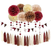 Brown Burgundy Gold Party Decorations 30PCS Rustic Boho Tissue Pom-Poms Tassel Garland Banner