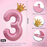 40 Inch Pink Number 3 & Mini Crown Balloon For Birthday Party Decorations, 3Rd Birthday Party Decorations Pink Theme Party Balloons Decorations Supplies