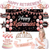 Rose Gold Retirement Party Decorations For Women, Retired Crown And Sash Retirement Backdrop Balloons Cake Toppers Hanging Swirls Retired Parties Supplies 24Pcs