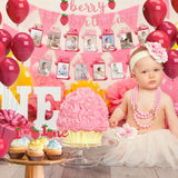 Glitter Strawberry First Birthday Photo Banner From Newborn To 12 Months Sweet One Berry 1St Birthday Party Decorations Monthly Milestone Picture Garland Banner For Girls Baby Shower, With 24Pcs Cake Toppers