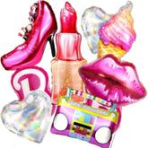 9 Pcs Pink Girls Head Balloons, 28”Hot Pink Lips Heart Lipstick Ice Cream Aluminum Foil Balloons For Girl Birthday, Princess Doll Theme Party Decorations Supplies, Baby Shower.