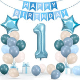 First Birthday Boy Decorations 40in Banner 1 Balloon Number Dusty Blue Balloons