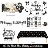 Black Bow Birthday Decorations – 110 Pcs Black Bow Themed Party Supplies With Backdrop, Tablecloth, Cake Topper, Banner, Cupcake Toppers, Ribbons, Balloon Garland