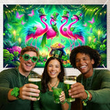St. Patrick'S Day Banner 71X43 Inch Green Party Banner Backdrop With Pink Flamingos Clover Hats Gold Coins Butterflies And Jungle Style Scene For St. Patrick'S Decoration Photo Background